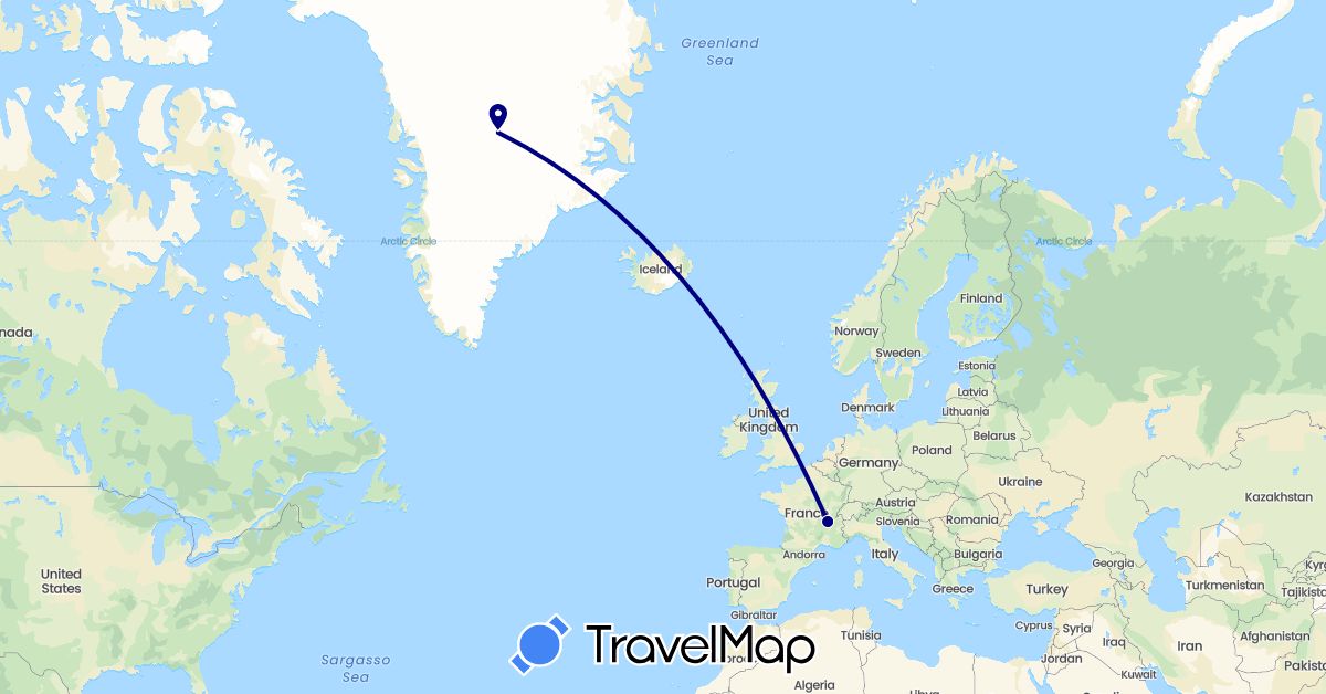 TravelMap itinerary: driving in France, Greenland (Europe, North America)
